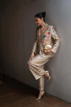 RANNA GILL Jackets-Alish Pekh In Roma 3D Embroidered Sequin Jacket Golden