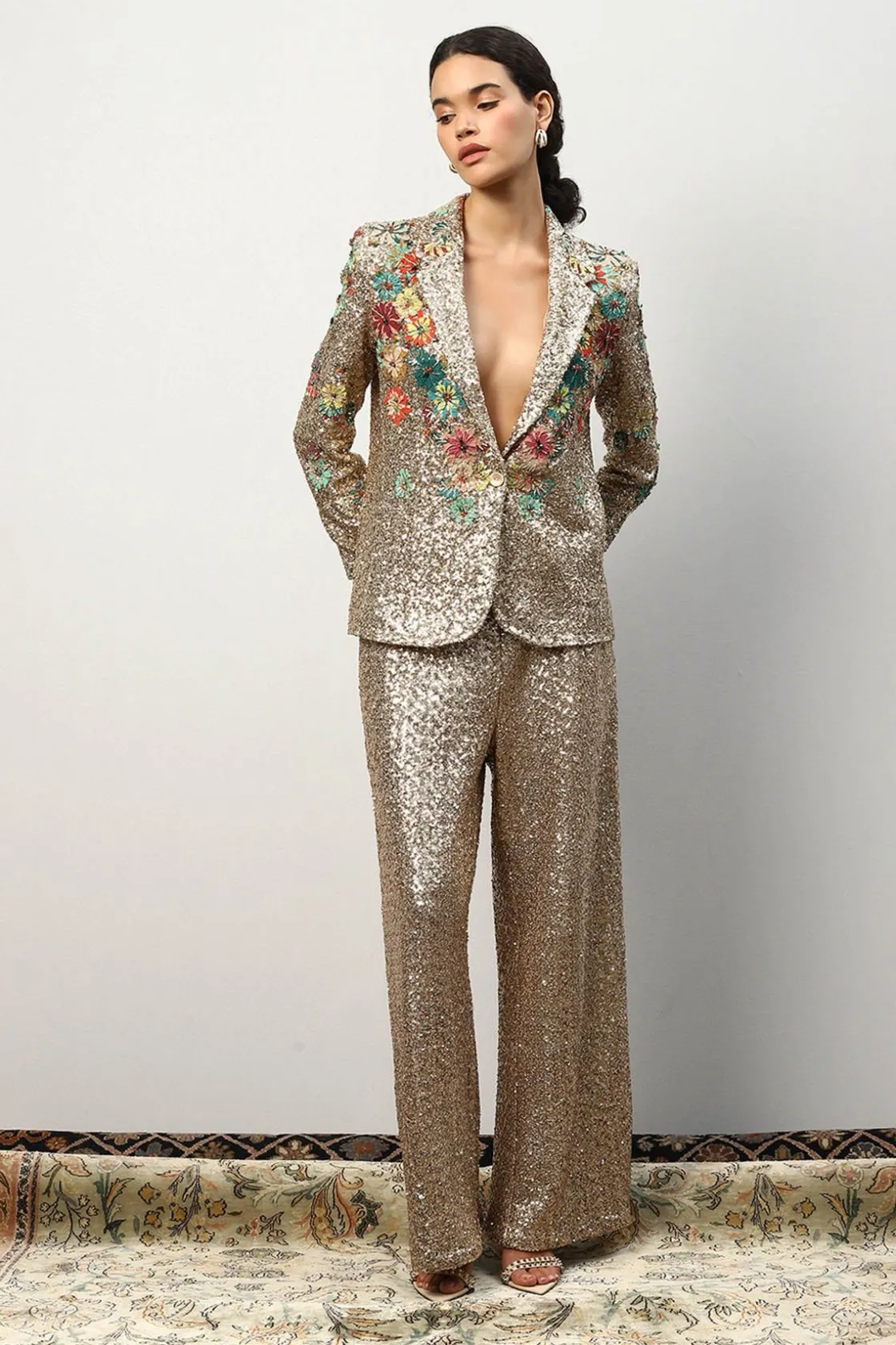 RANNA GILL Jackets-Alish Pekh In Roma 3D Embroidered Sequin Jacket Golden