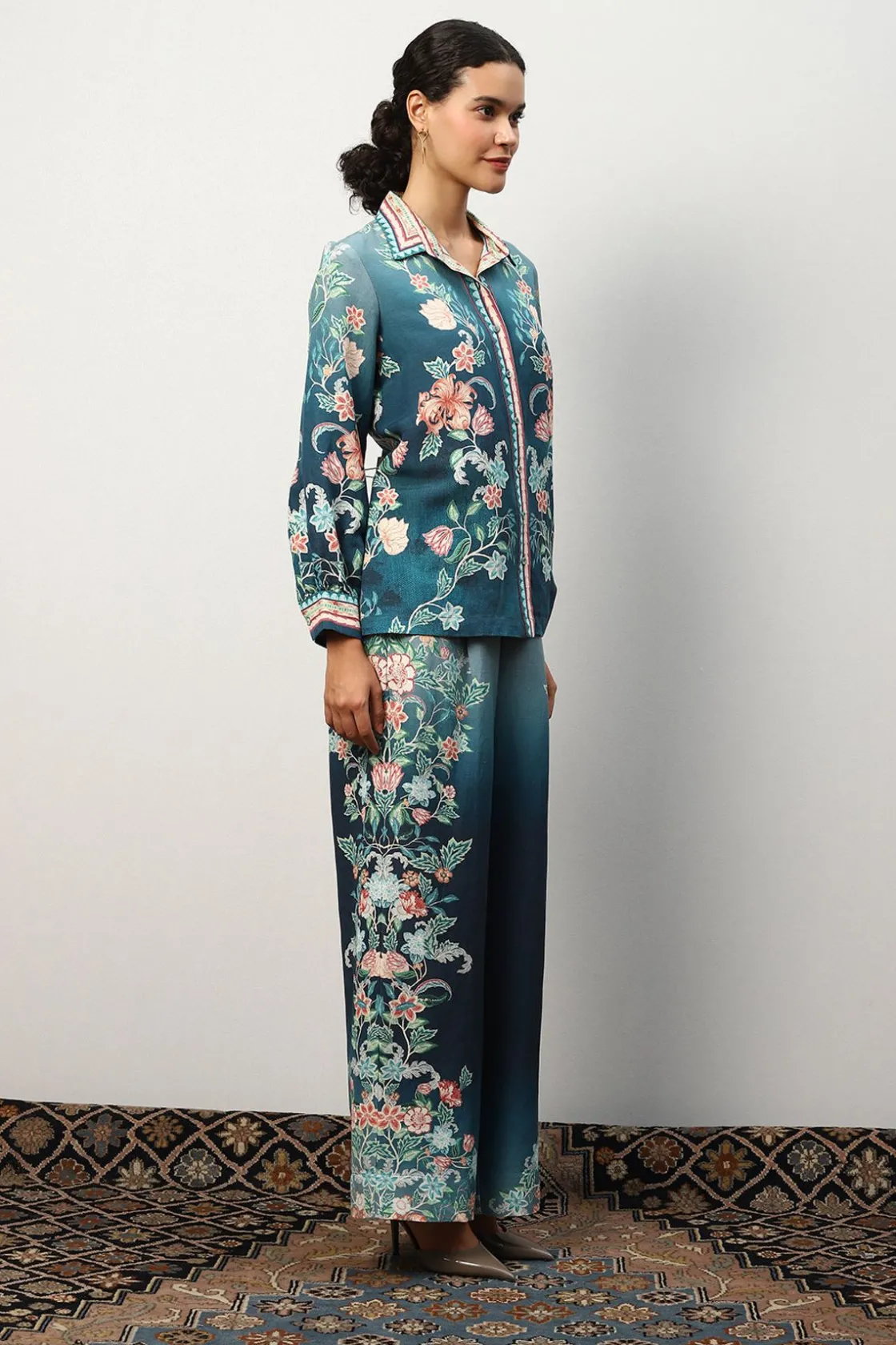 RANNA GILL Tops-Arya Blouse Teal Forest Print