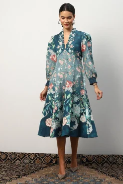 RANNA GILL Dresses-Kennedy Dress Teal Forest Print