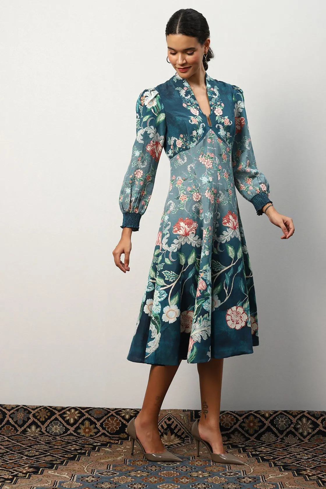 RANNA GILL Dresses-Kennedy Dress Teal Forest Print