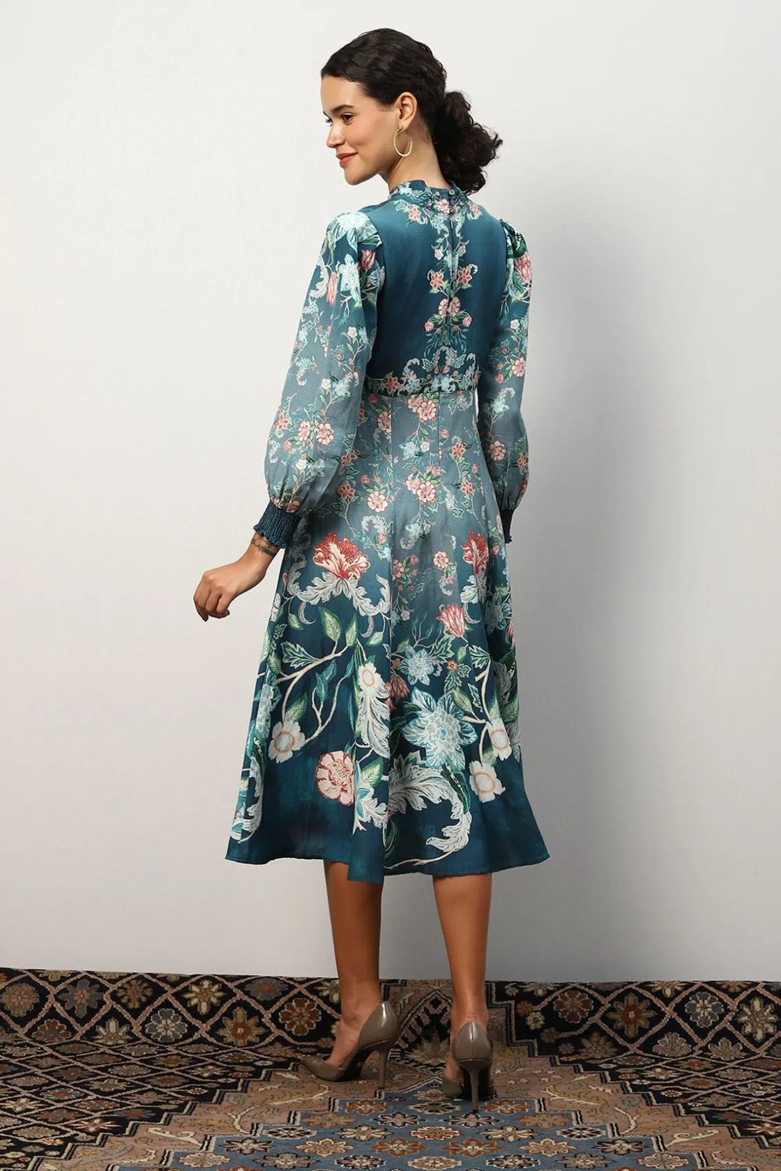RANNA GILL Dresses-Kennedy Dress Teal Forest Print