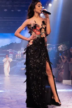RANNA GILL Dresses-Minerva High-Slit Sequin Gown Black